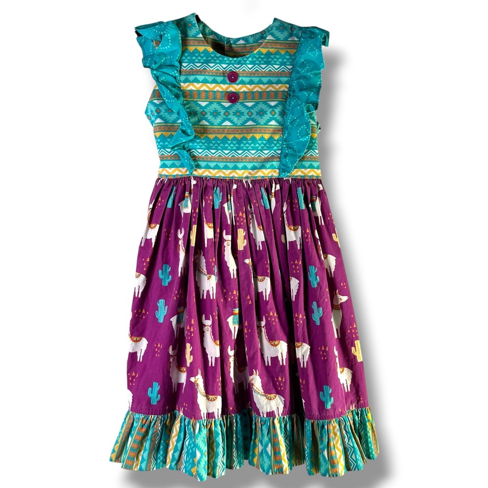 Eleanor Rose Girls Sz 10/12 Dress Llama Aztec Cactus‎ Ruffle Boho Southwest